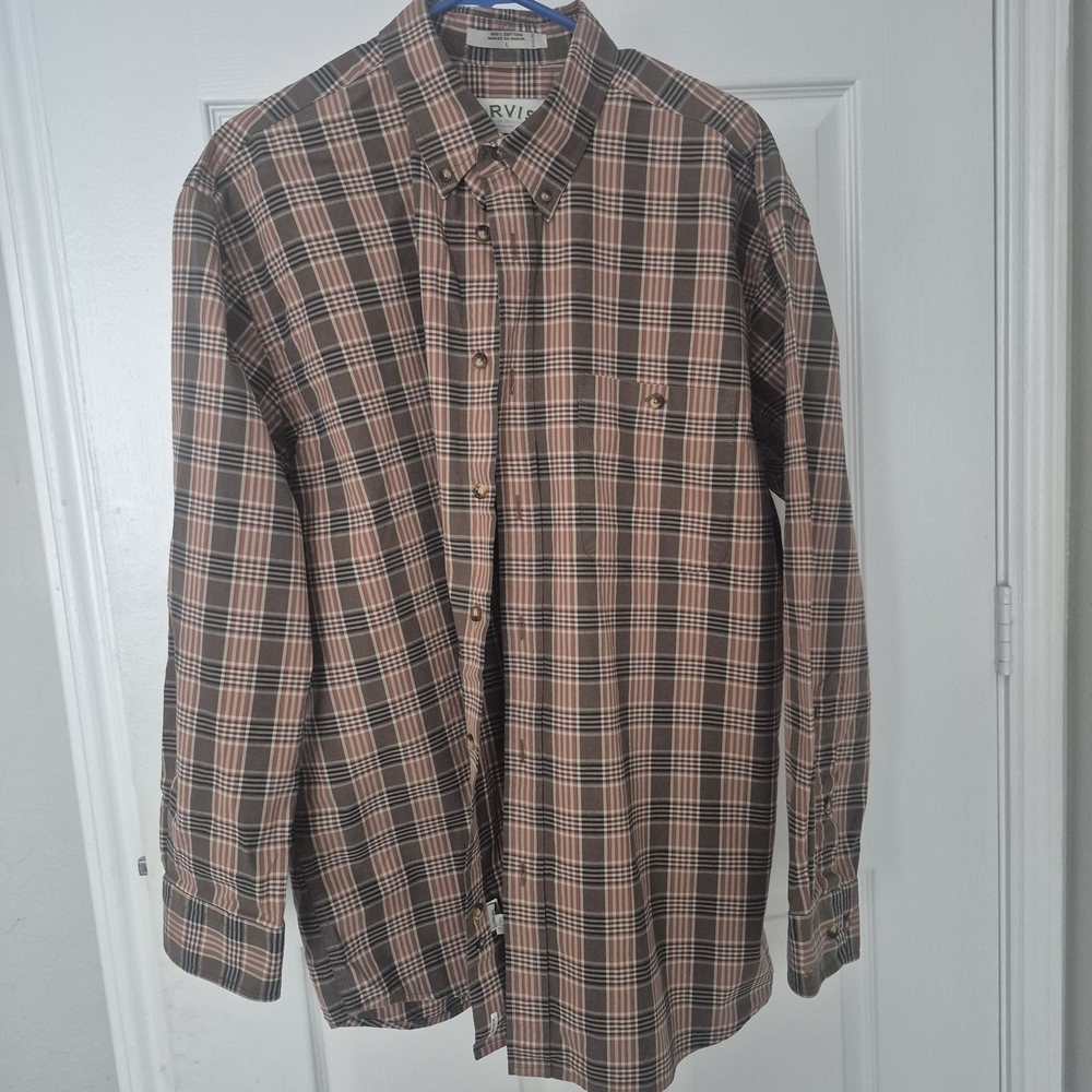 Orvis Tan and Black Plaid Button-Down Shirt